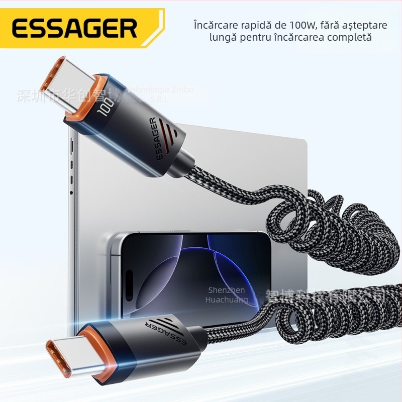 Presser cablu Type-C PD încărcare rapidă, 60W/100W, aliaj de aluminiu + TPE + fire PP, cu un singur cap