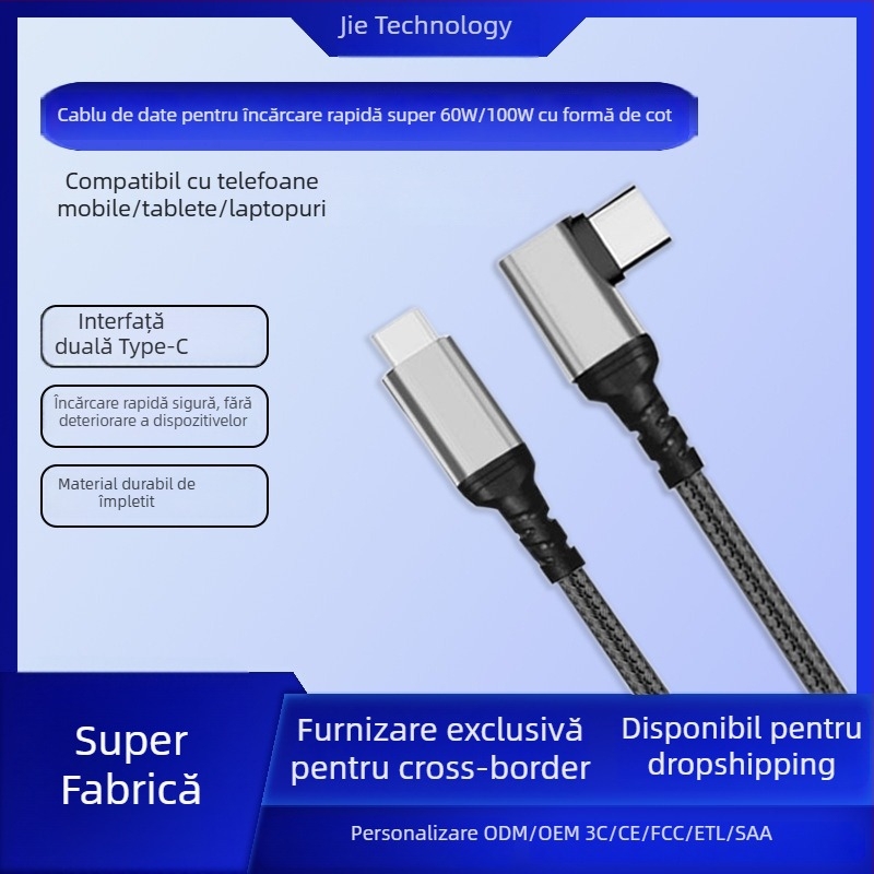Cablu USB-C împletit cu unghi drept, încărcare rapidă, 1–2 m, un singur conector, până la 100W, pentru telefoane, tablete și laptopuri