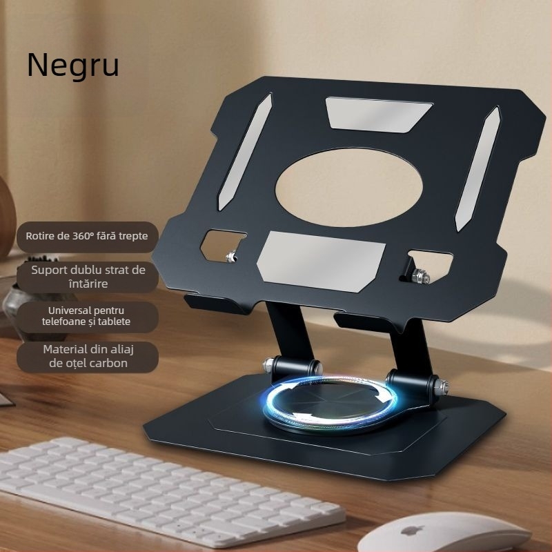Suport metal pentru tabletă și telefon, rotire la 360° și radiator de răcire integrat, suport de birou