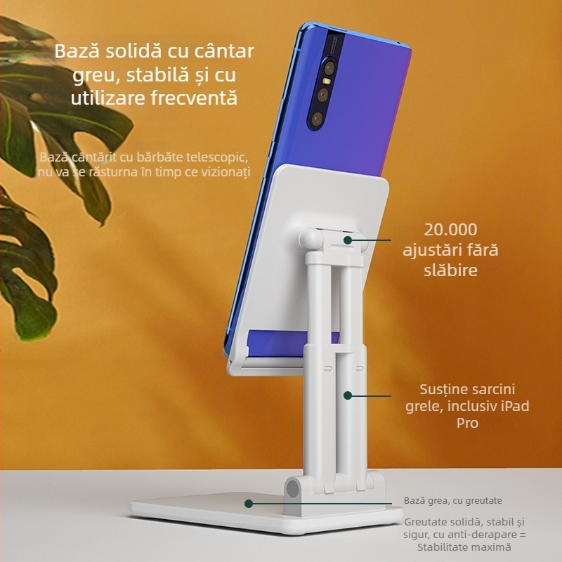 Suport de birou pentru telefon și tabletă, model X7, design cu braț dublu pliabile, ABS + contragreutate metalică, antivibrații, compatibil universal