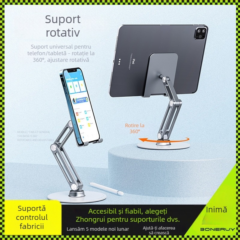 Suport pliabil din aliaj de aluminiu, rotativ la 360° pentru telefoane și tablete, model L08P, greutate 415 g
