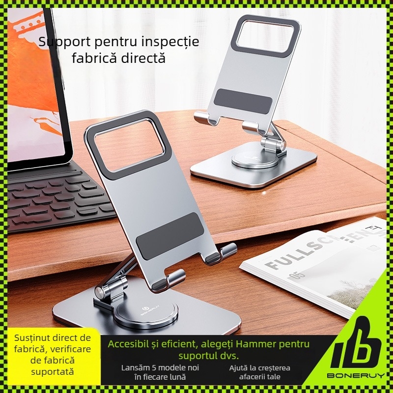 Suport de birou din aliaj de aluminiu, pliabil pentru telefoane mobile și tablete, cu cap rotativ pentru livestreaming; greutate netă 135 g; finisaj anodizat; prelucrare CNC de înaltă precizie