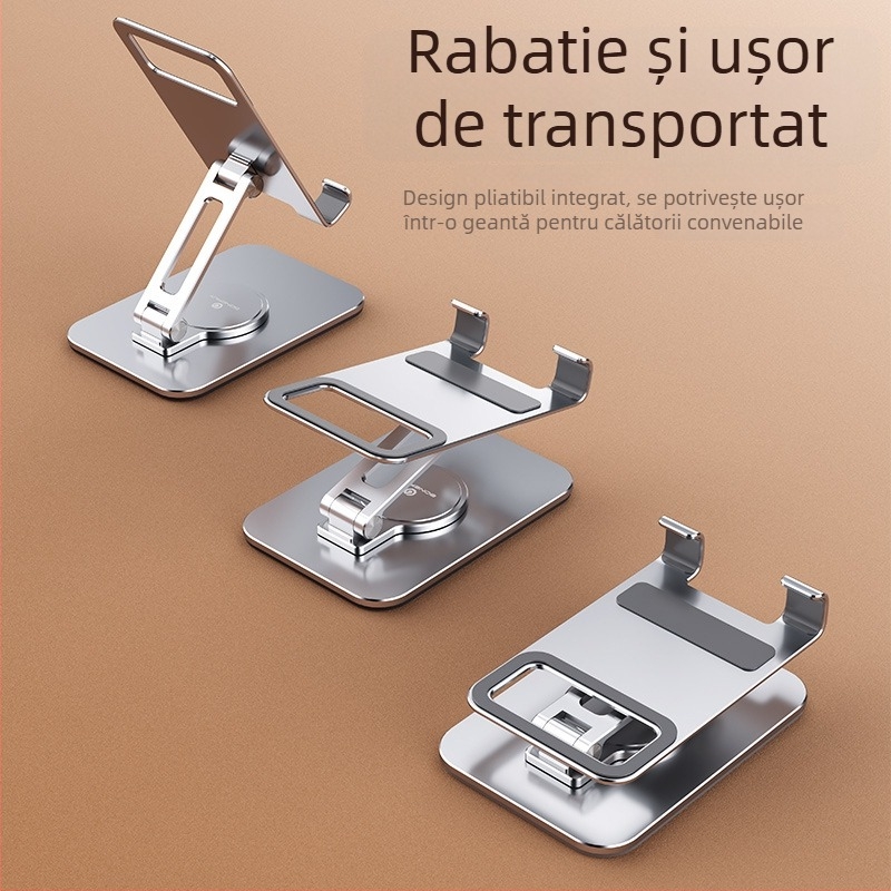 Suport de birou din aliaj de aluminiu, pliabil pentru telefoane mobile și tablete, cu cap rotativ pentru livestreaming; greutate netă 135 g; finisaj anodizat; prelucrare CNC de înaltă precizie