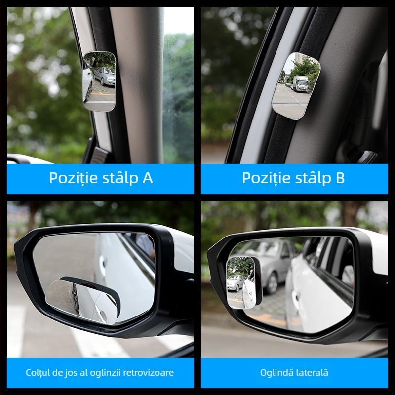 Oglindă retrovizoare auto – oglinzi auxiliare pentru unghiuri moarte, 360° unghi larg, set de două (pătrat și rotund) – ajutor pentru mersul înapoi