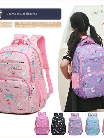 Rucsac școlar pentru copii - din pânză, ultraușor, imprimeu cu iepuraș, bretele curbate, pentru clasele 3-4