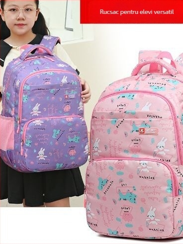 Rucsac școlar pentru copii - din pânză, ultraușor, imprimeu cu iepuraș, bretele curbate, pentru clasele 3-4