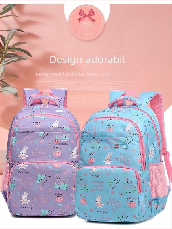 Rucsac școlar pentru copii - din pânză, ultraușor, imprimeu cu iepuraș, bretele curbate, pentru clasele 3-4