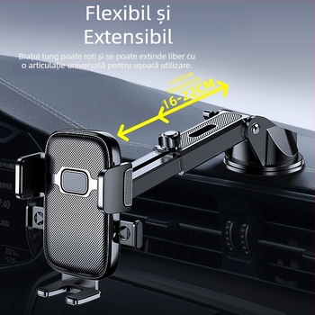 Suport pentru telefon auto cu ventuză și blocare automată; Compatibil universal, montaj pe bord, fără alimentare