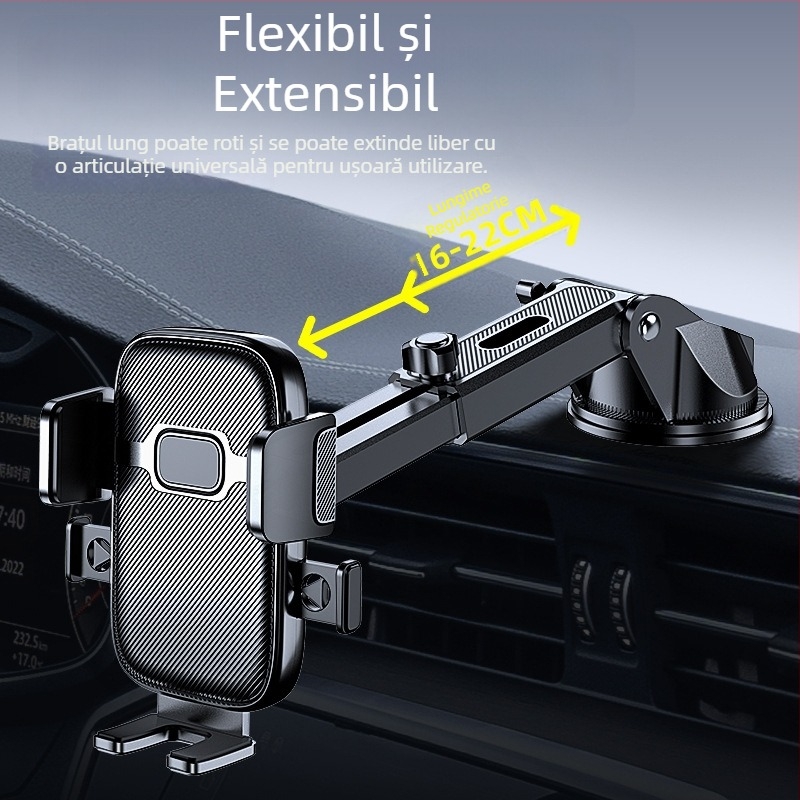 Suport pentru telefon auto cu ventuză și blocare automată; Compatibil universal, montaj pe bord, fără alimentare