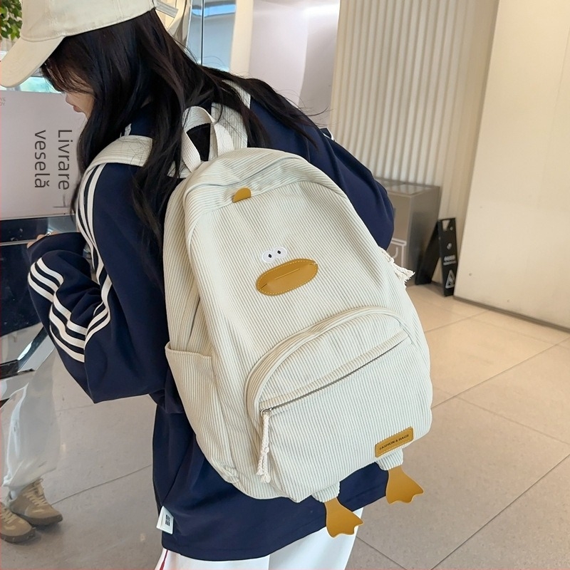 Rucsac școlar cu stil japonez/coreean și motiv de rață, unisex, 20–35L, corduroy rezistent, încăpător pentru laptop de 14 inch, curele curbate, lansare toamnă 2025