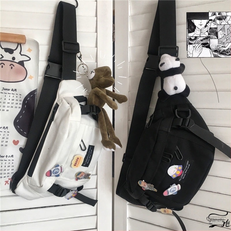 Geantă crossbody pentru bărbați din pânză, stil Harajuku întunecat, căptușeală din pânză, fermoar, primăvara 2018