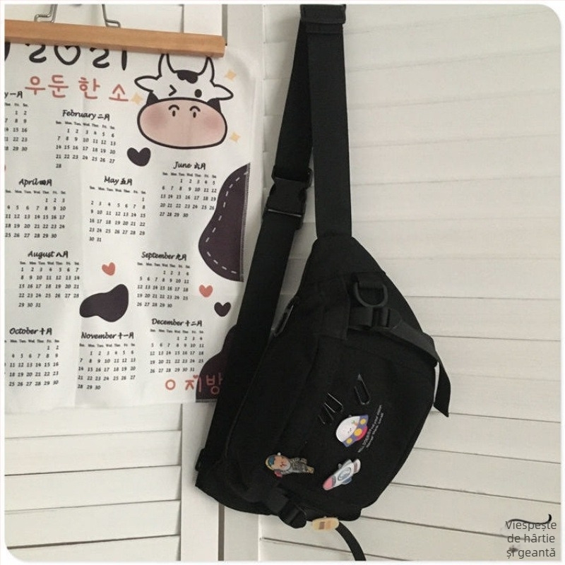 Geantă crossbody pentru bărbați din pânză, stil Harajuku întunecat, căptușeală din pânză, fermoar, primăvara 2018