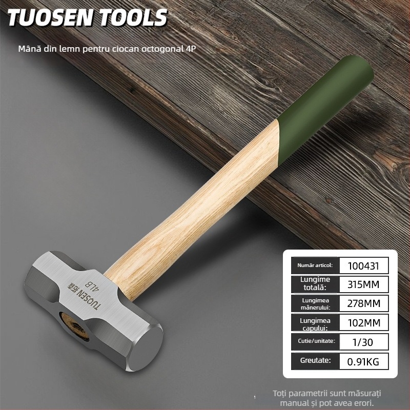 TUOSEN ciocan hexagonal, cap din oțel cu carbon înalt, mâner din lemn, seria ciocanelor hexagonale, greutate netă 1,3 kg