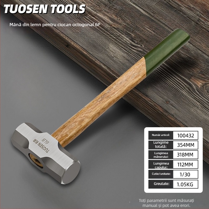 TUOSEN ciocan hexagonal, cap din oțel cu carbon înalt, mâner din lemn, seria ciocanelor hexagonale, greutate netă 1,3 kg