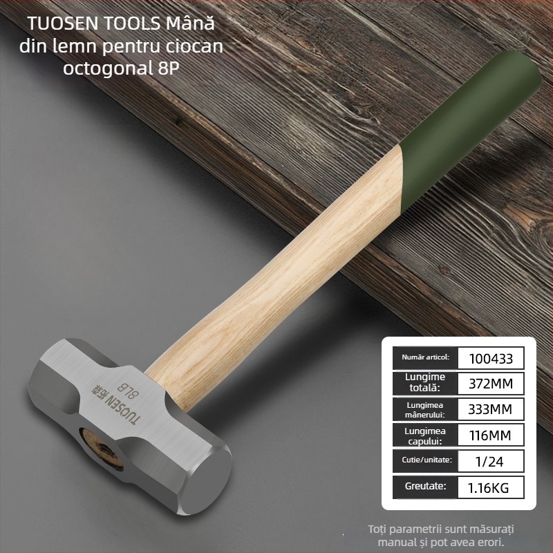 TUOSEN ciocan hexagonal, cap din oțel cu carbon înalt, mâner din lemn, seria ciocanelor hexagonale, greutate netă 1,3 kg