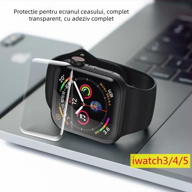 Protecție ecran Apple Watch S10 din sticlă temperată, suprafață curbată, adeziv complet