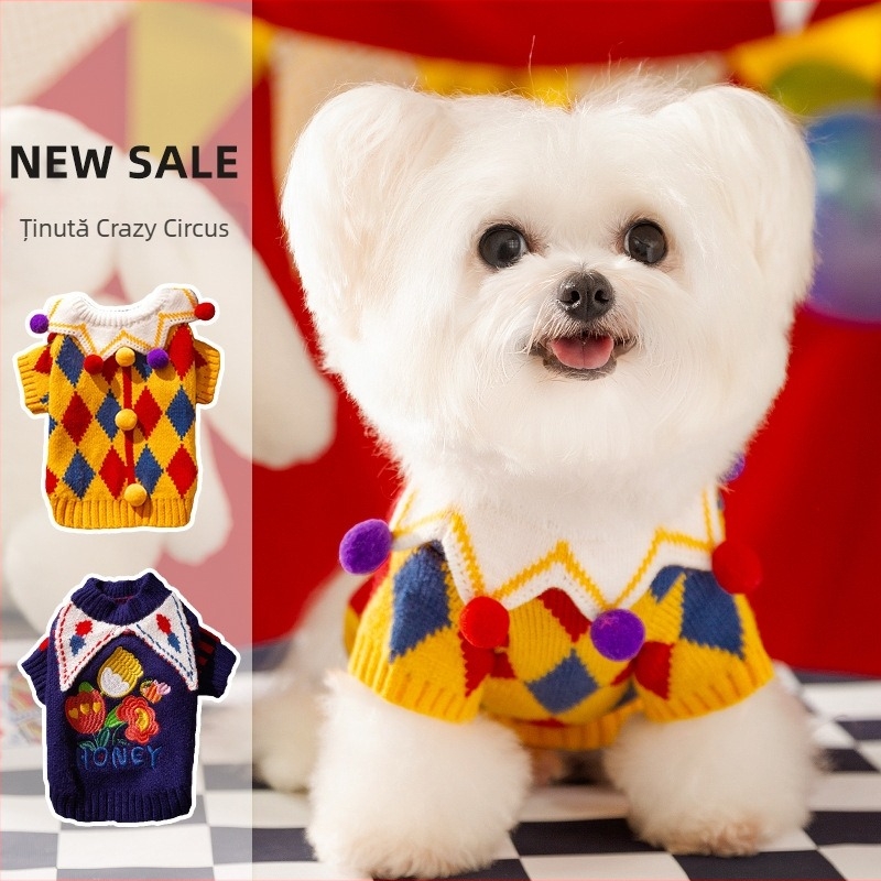 Pulover pentru câini, toamnă-iarnă, tricot cu model carouri, pentru rase mici
