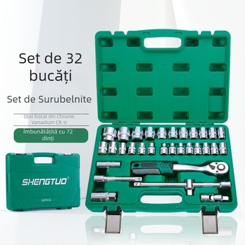 Set de 32 piese: capete pentru bujii și trusă cu ratchet pentru reparații auto din oțel crom-vanadiu