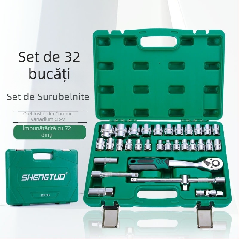 Set de 32 piese: capete pentru bujii și trusă cu ratchet pentru reparații auto din oțel crom-vanadiu