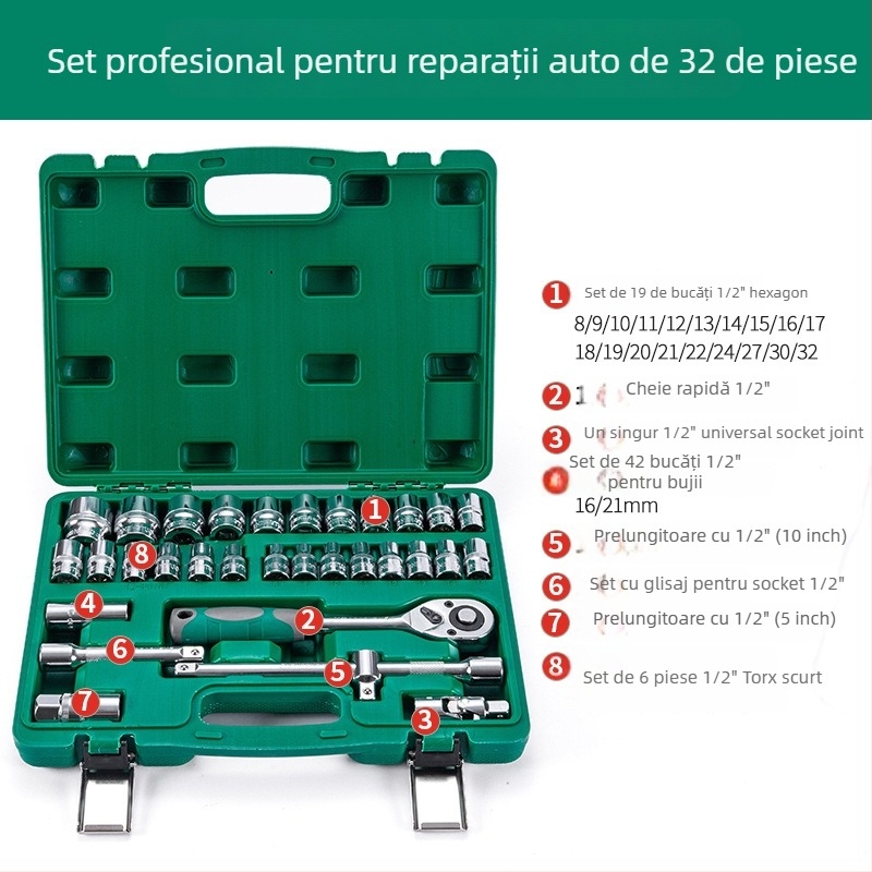 Set de 32 piese: capete pentru bujii și trusă cu ratchet pentru reparații auto din oțel crom-vanadiu