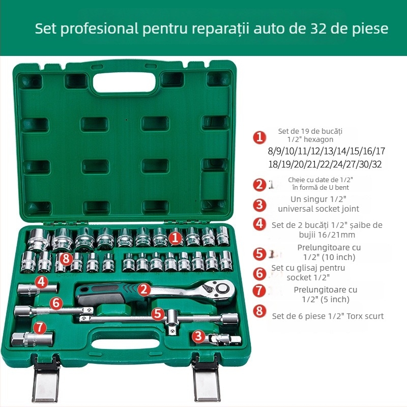 Set de 32 piese: capete pentru bujii și trusă cu ratchet pentru reparații auto din oțel crom-vanadiu