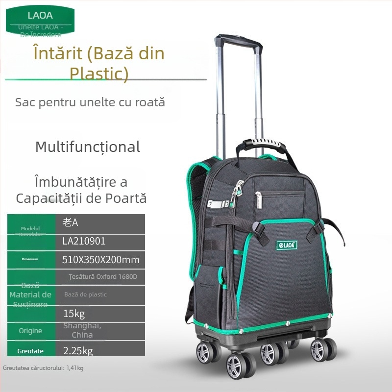Geantă pentru unelte pe roți, din Oxford și pânză, cu bretele duble, pentru electrician/mentenanță, model LA210901