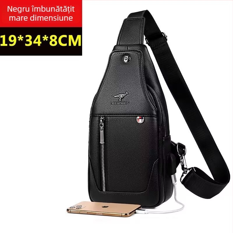 Geantă de piept pentru bărbați, crossbody, impermeabilă PU, stil urban simplu, căptușeală poliester, încăpătoare pentru laptop de 9 inch