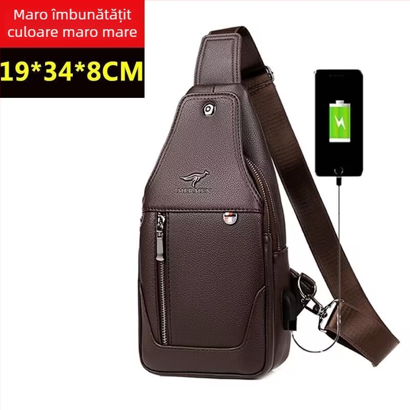 Geantă de piept pentru bărbați, crossbody, impermeabilă PU, stil urban simplu, căptușeală poliester, încăpătoare pentru laptop de 9 inch