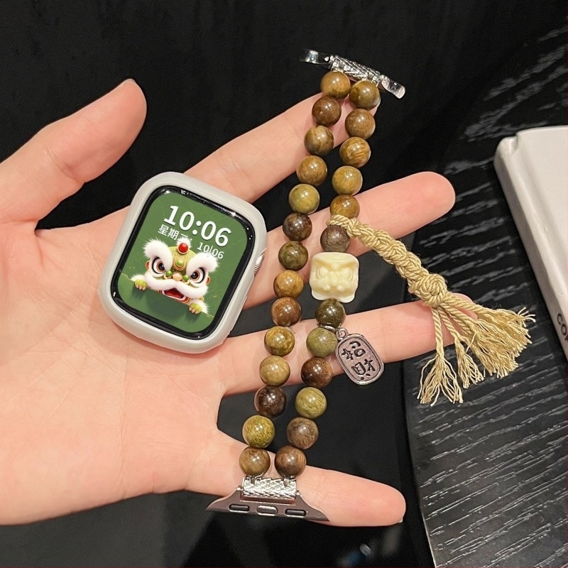 Brățară din mărgele pentru Apple Watch cu motiv leu din lemn de santal – design cu un singur buclă, dimensiune interfețe reglabilă, 15 g