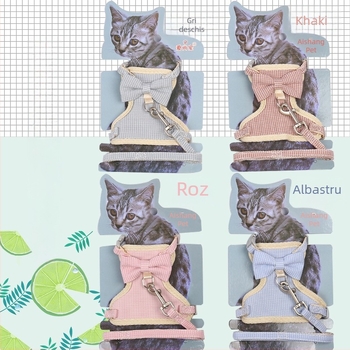 Ham pentru pisică cu funda – model în carouri, material PP, curea toracică
