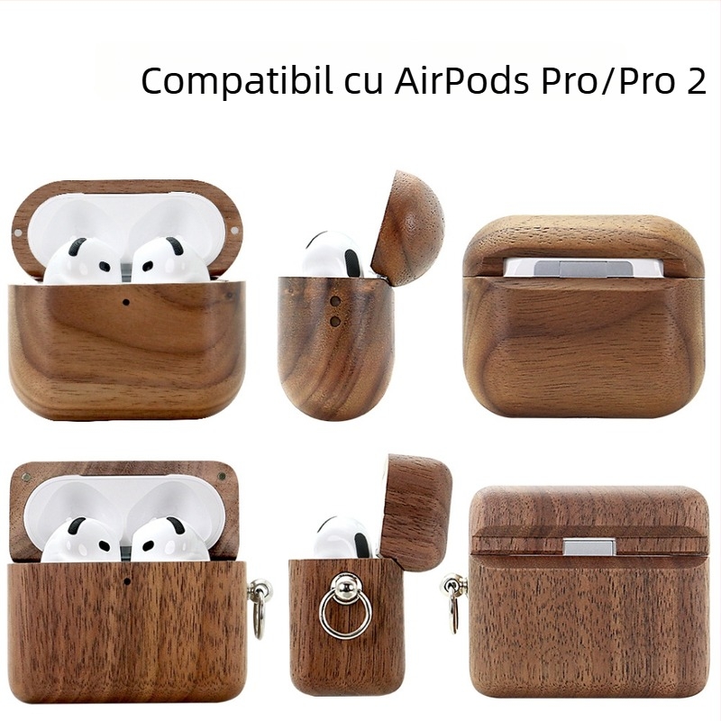 Carcasă din lemn de nuc pentru AirPods Pro 2/4 – Acoperire totală, Manuală, Compatibilă cu Apple
