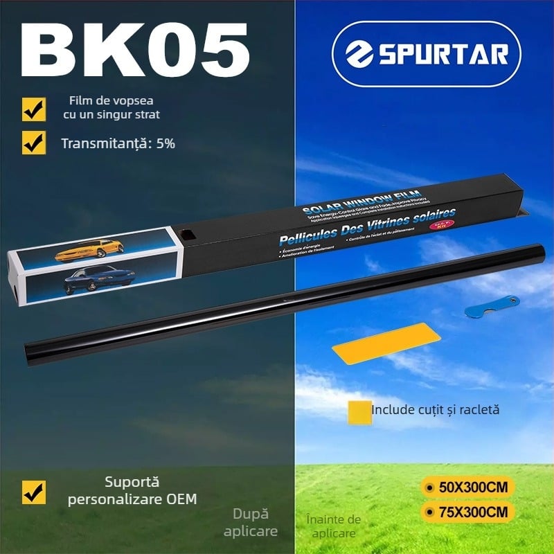 Film solar pentru geamuri auto — PET, protecție UV 98,7%, izolație 8, grosime 1MIL