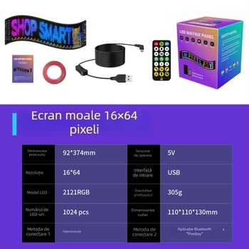 Ecran LED flexibil, full color, exterior pentru publicitate, cu pas de pixel P4, cip Sanan, 5V, Bluetooth activat, montare pe perete.