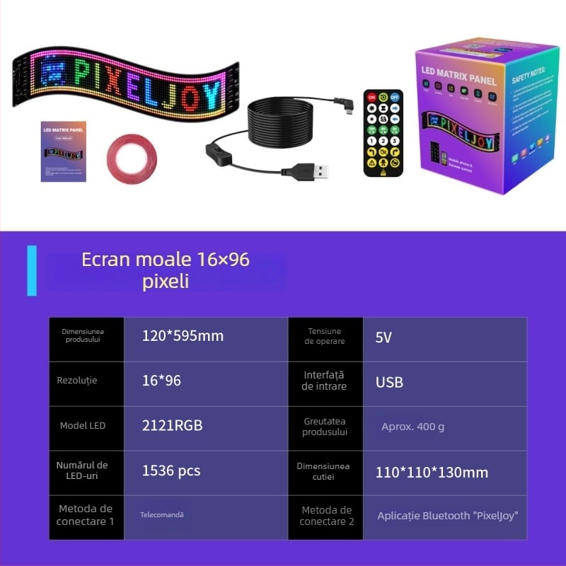 Ecran LED flexibil, full color, exterior pentru publicitate, cu pas de pixel P4, cip Sanan, 5V, Bluetooth activat, montare pe perete.