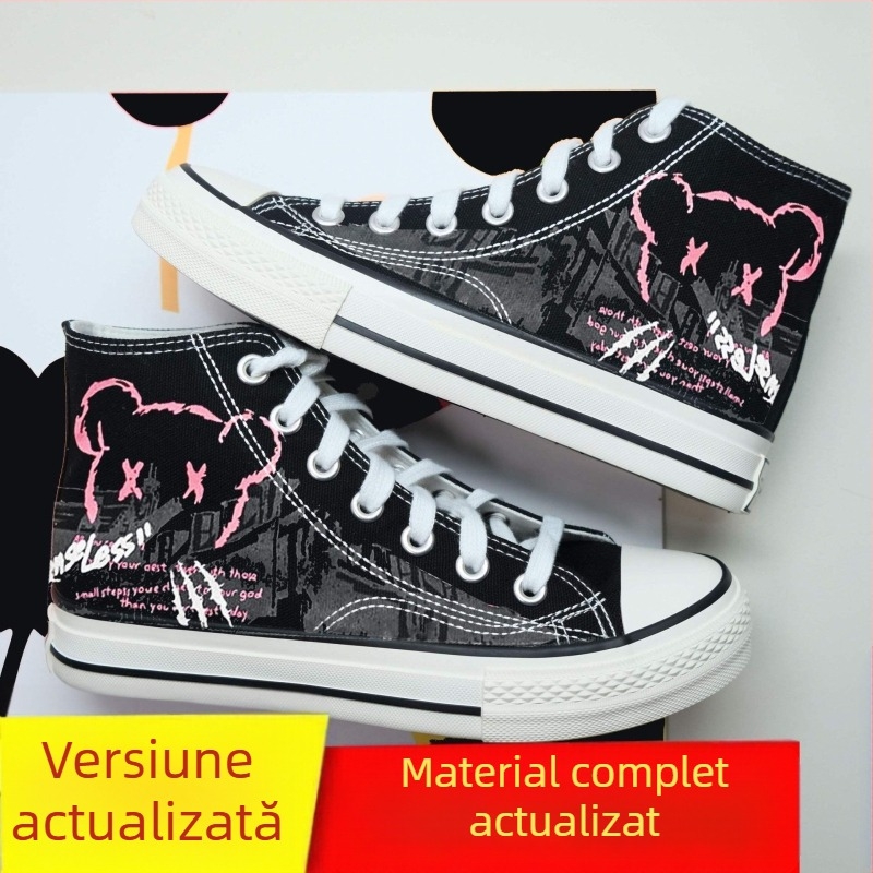 Adidași din pânză înalți pentru bărbați — siluetă înaltă, șireturi, vârf ascuțit, model cu desene animate