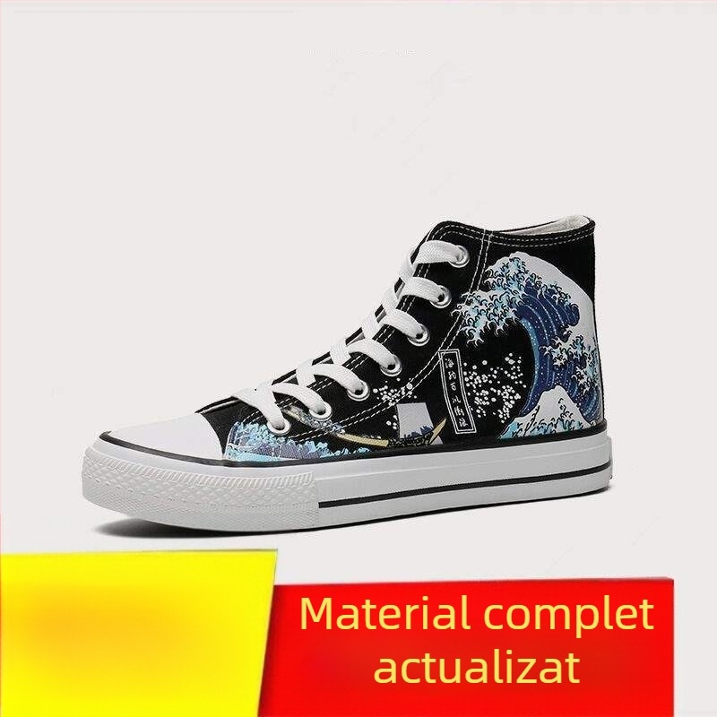 Adidași din pânză înalți pentru bărbați — siluetă înaltă, șireturi, vârf ascuțit, model cu desene animate
