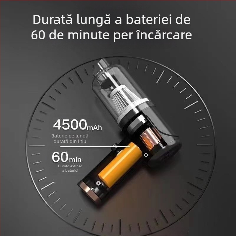 Aspirator mini pentru mașină, fără fir, portabil, alimentare USB, baterie încorporată 501–800 mAh, aspirație 2100–3000 Pa, zgomot sub 36 dB