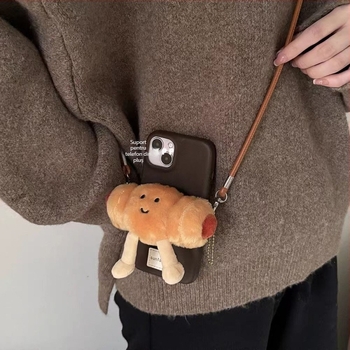 Accesoriu pentru telefon din pluș în formă de hot dog, cu buzunar detașabil pentru card, lucrat manual, curea crossbody din nylon, cataramă metalică