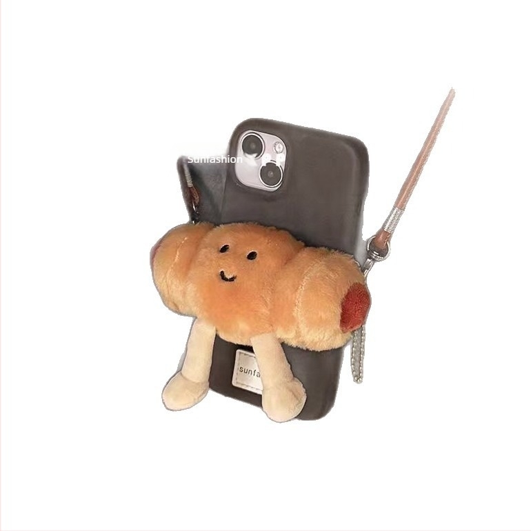 Accesoriu pentru telefon din pluș în formă de hot dog, cu buzunar detașabil pentru card, lucrat manual, curea crossbody din nylon, cataramă metalică