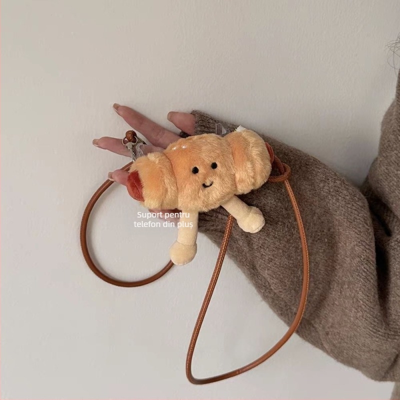 Accesoriu pentru telefon din pluș în formă de hot dog, cu buzunar detașabil pentru card, lucrat manual, curea crossbody din nylon, cataramă metalică