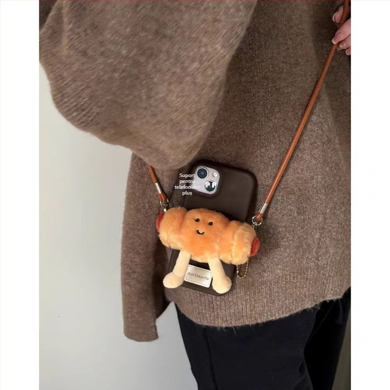 Accesoriu pentru telefon din pluș în formă de hot dog, cu buzunar detașabil pentru card, lucrat manual, curea crossbody din nylon, cataramă metalică