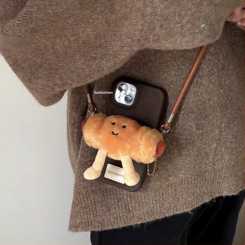 Accesoriu pentru telefon din pluș în formă de hot dog, cu buzunar detașabil pentru card, lucrat manual, curea crossbody din nylon, cataramă metalică