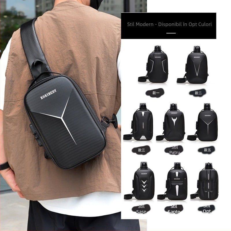 Geantă de piept pentru bărbați cu carcasă rigidă, material PU, stil urban minimalist, rezistent la uzură