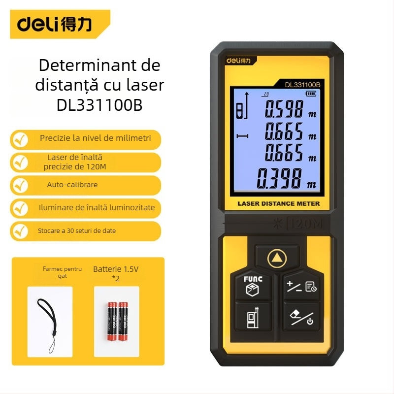 Deli distanțmetru cu laser DL331040B, dispozitiv portabil cu laser infraroșu, rază 50/120 m, memorie 99 seturi