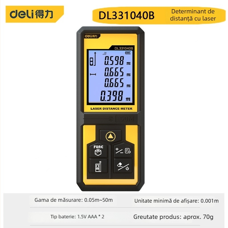 Deli distanțmetru cu laser DL331040B, dispozitiv portabil cu laser infraroșu, rază 50/120 m, memorie 99 seturi