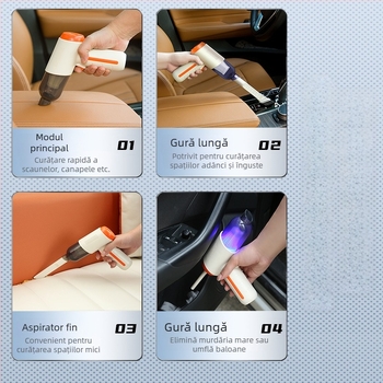 Aspirator portabil de mașină fără fir, cu baterie încorporată 1601–2000 mAh, alimentare USB, autonomie 1–3 ore, aspirație până la 2000 Pa, zgomot 36–45 dB