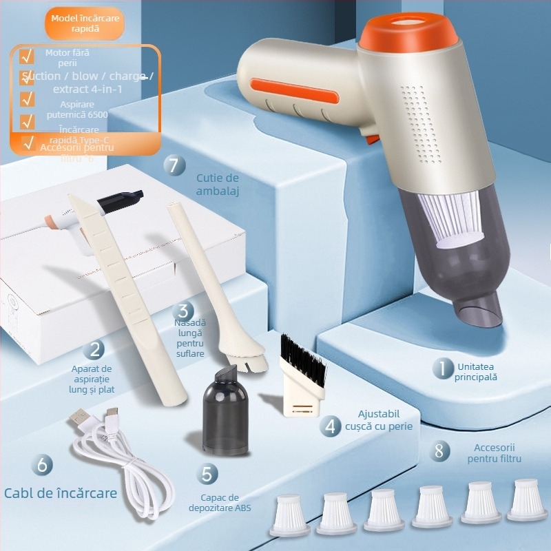 Aspirator portabil de mașină fără fir, cu baterie încorporată 1601–2000 mAh, alimentare USB, autonomie 1–3 ore, aspirație până la 2000 Pa, zgomot 36–45 dB