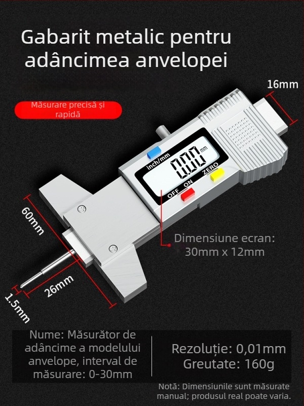 Caliper digital pentru adâncimea profilului anvelopei cu afișaj electronic pentru monitorizarea grosimii anvelopei