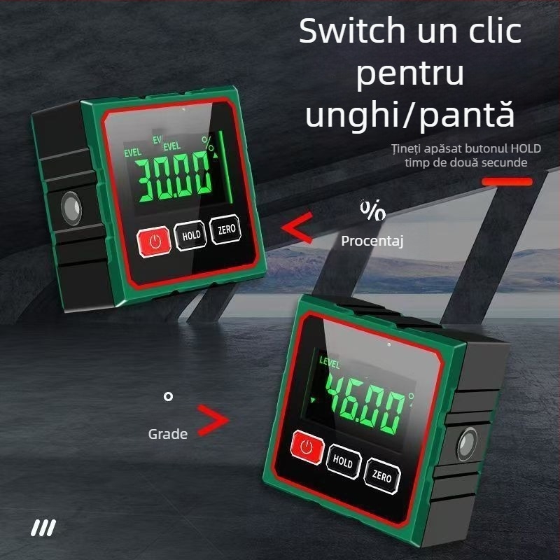 Inclinometru digital cu măsurare de 360°, bază magnetică puternică, afișaj de înaltă precizie, distanțometr cu laser