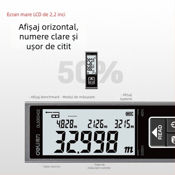 Deli mini metru laser, rază 40 m, riglă electronic infraroșu, baterie litiu, model DL331040Z